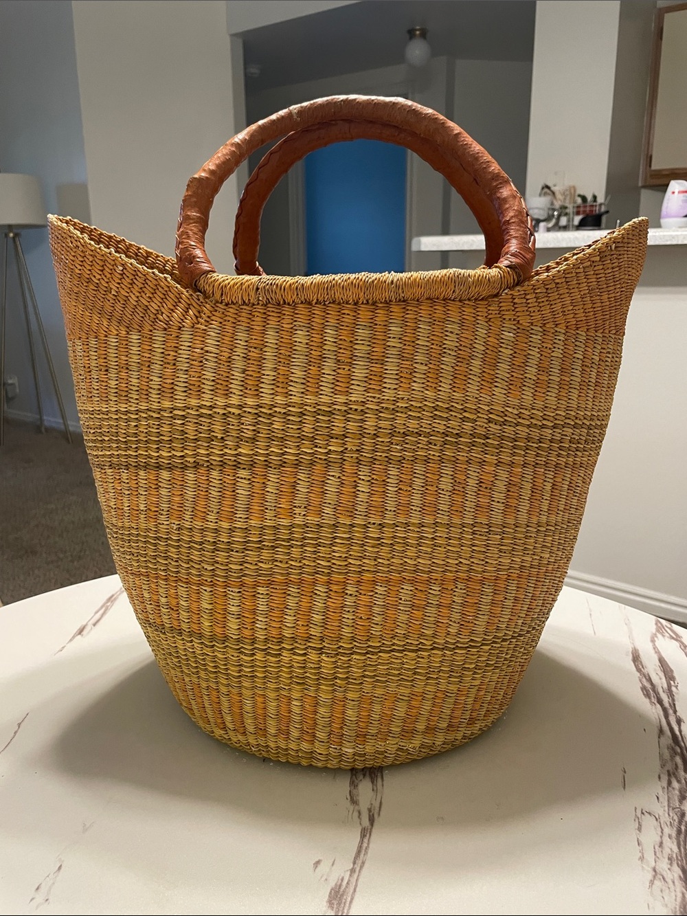 AFRICAN handmade straw and Genuine Camel Leather handles Large Tote Bag.
